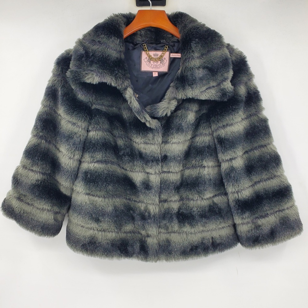 Y2K Juicy Couture Black Striped Faux Chinchilla Fur Coat P 2010 Cropped Mob Wife
